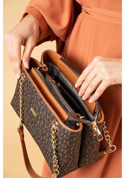 Just Polo Kadın Baskılı Uzun Ayarlanabilir Askılı Şık El Ve Omuz Çantası Shoulder Bag Kahverengi - Taba