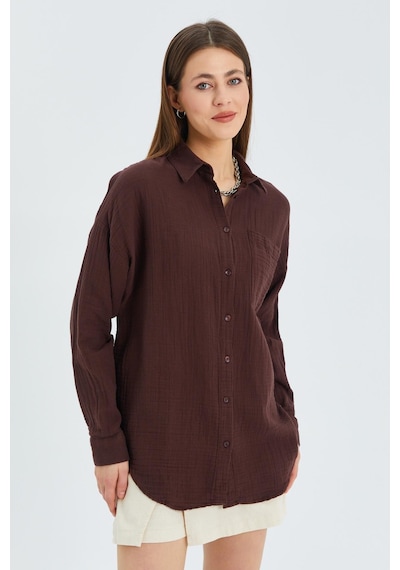 Mixray 3833 Kadın Oversize Cepli Müslin Gömlek Kahve