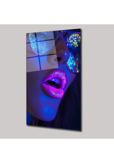 Neon Detaylı Kadın Yüzü Cam Tablo Modern Portre Duvar Dekoru 50
