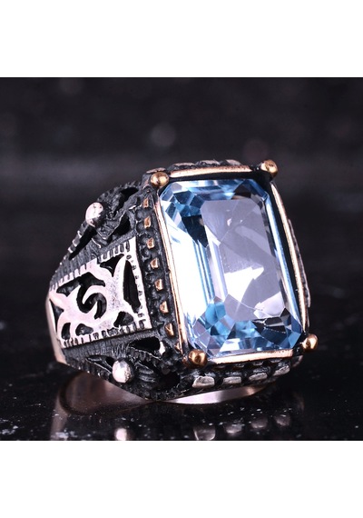 Kambo El Yapımı 925 Ayar Gümüş Mavi Topaz Taşlı Erkek Yüzük - 17 Gr
