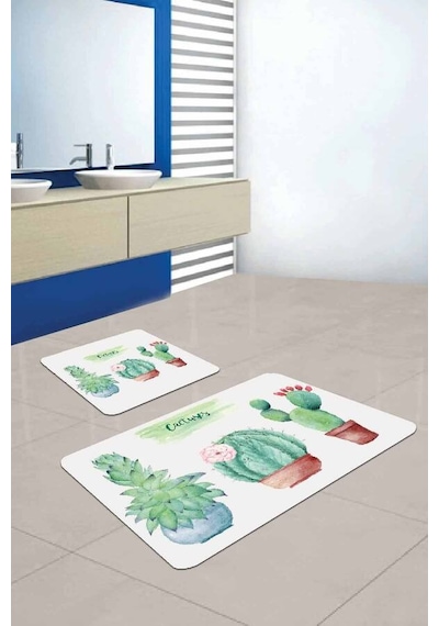 Yeşil Kaktüs Desen Banyo Halısı Klozet Paspas Seti Bs243n11