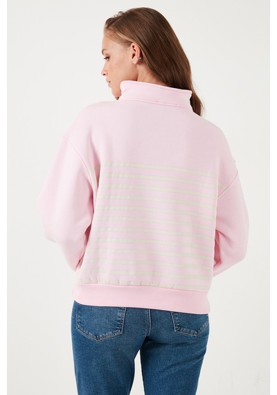 Lela Streç Oversize Fit Yarım Fermuarlı Dik Yaka Bayan Sweat 5865883 Şeker Pembe