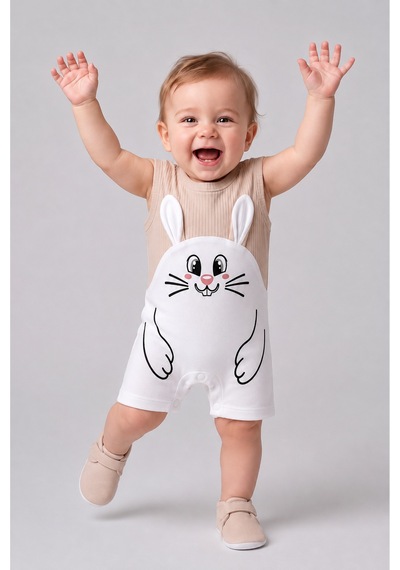 Babyden's Erkek Bebek Tavşan Desenli Yazlık Tulum Fitilli Pamuklu Kolsuz Bebek Tulumu Çıtçıtlı Romper 0-9 Ay Bej