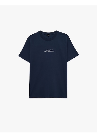 Koton Pamuklu Kısa Kollu Bisiklet Yaka Baskılı Slim Fit Tişört Lacivert 6sam10066mk
