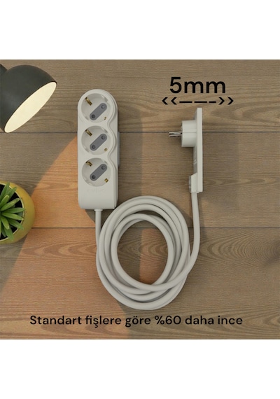Orvı Prime 3 Lü Uzatma Kablosu 3 Metre Beyaz İnce Fiş Dar Alan Uyumlu 3 M