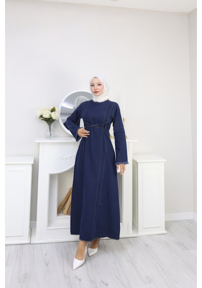 Caddebostan Moda Lacivert Denim Çift Bağcık Detaylı Uzun Kot Jean Tesettür Elbise