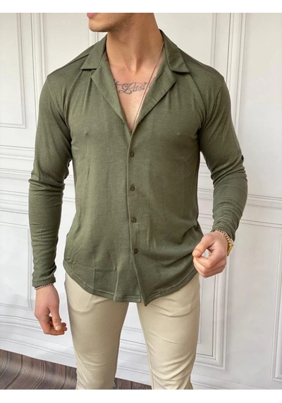 Modefendi Slim Fit %100 Pamuk Triko Kumaş Gömlek Haki
