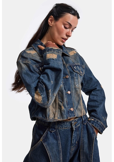 Kadın Kot Rengi 10w6-8 Kemer Boy Oversize Özel Tasarım Denim Ceket