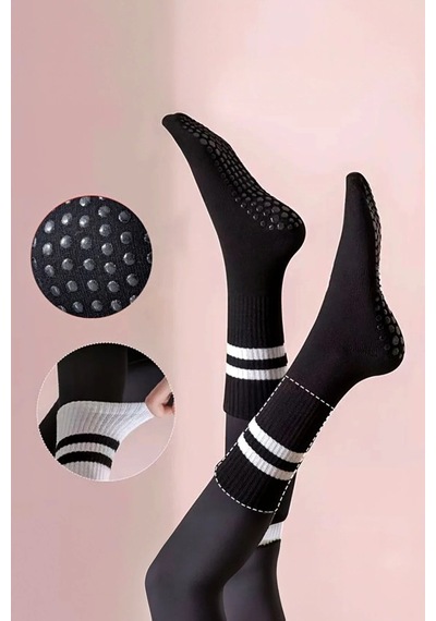 Saysez Bambu Kadın Siyah Kaydırmaz Taban Silikon Baskı Pilates Yoga Fitness Dans Aktivite Tenis Çorabı 3'lü Renkli