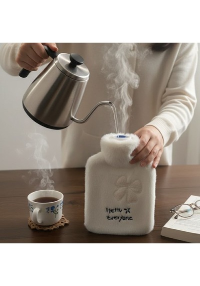 Hello Everyone Yazılı Kurdeleli Beyaz Peluş Sıcak Su Torbası 1 Lt Yumuşak Kılıf, Uzun Süre Sıcak Tutan Termal Su Torba Çok renkli