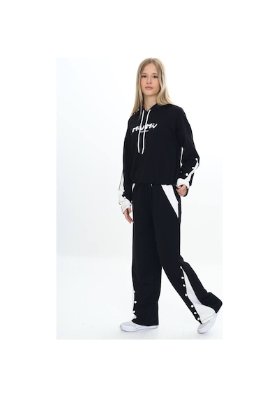 Kız Çocuk %100 Pamuk Kapüşonlu Çıtçıt Detaylı Alt&üst Eşofman Takım-179-eşt-0005 Siyah