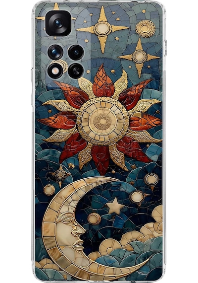 Printify Xiaomi Redmi Note 11 Pro Plus 5g İle Uyumlu Vitray Sol Ve Luna Tasarımlı Şeffaf Kılıf Şeffaf