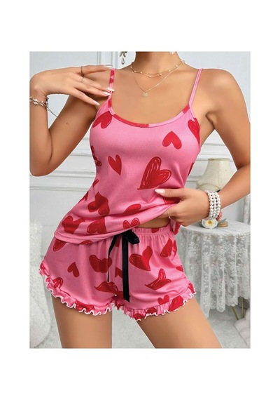 Mr Owl Kadın Pembe Kalp Baskılı Şortlu Pijama Takımı