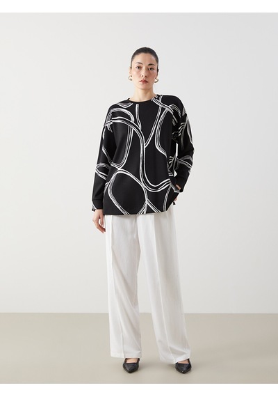 Lcw Everyday Siyah Bisiklet Yaka Desenli Oversize Kadın Sweatshirt