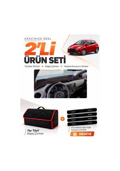 E-biz Toyota Yaris 2014-2019 Uyumlu Torpido Örtüsü + Tay Tüyü Çanta - Siyah-kırmızı - To026
