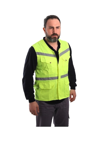 Eser - V Yaka Fosforlu Harman Kumaş Yelek - Sarı