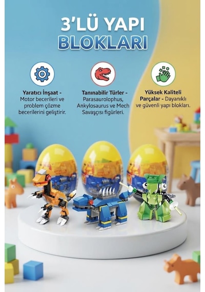 Sürpriz Yumurta 3'lü Set Dinozor Ve Araç Figürlü Yapı Blokları Eğitici Öğretici Parçalı Oyuncak