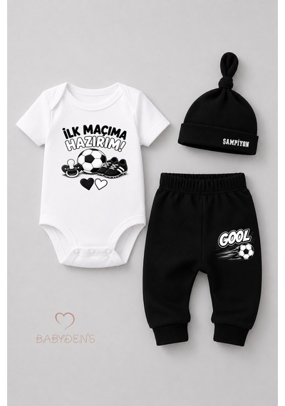 Babyden's Bebek 3'lü Takım Siyah Beyaz Taraftar Temalı Kısa Kol %100 Pamuk Yenidoğan Seti İlk Maçıma Hazırım