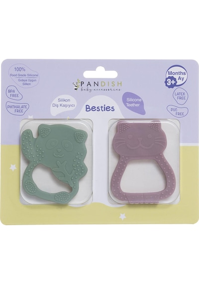 Besties Silikon Diş Kaşıyıcı Pembe Kedi & Yeşil Panda 2 Adet Çok Renkli