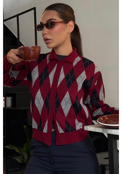 Madmext Bordo Baklava Desenli Polo Yaka Kadın Hırka Mg2478 Bordo