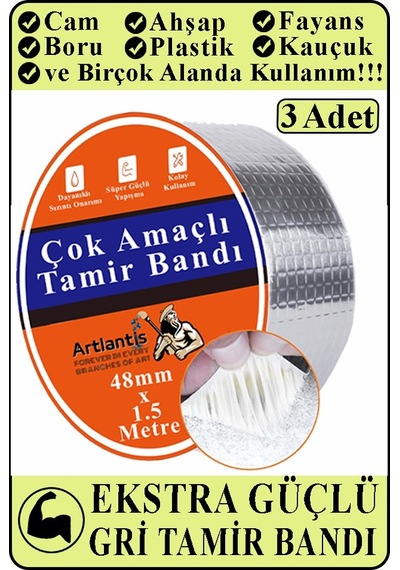 Çok Amaçlı Tamir Bandı 3 Adet Su Geçirmez Sızdırmaz Isıya Dayanıklı Sakız İzole Gri Tamir Bant 48mm 1.5 Metre 3 Adet