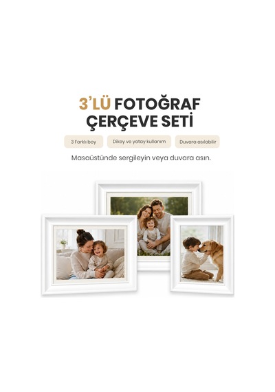 Vusıgn Mdf Beyaz Kabartmalı ,masaüstü Ve Duvar Askılı Fotoğraf Çerçevesi 3'lü Set