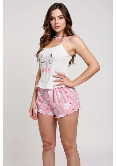 Mbb E-ticaret Renkli Kedi Desenli Askılı Şortlu Kadın Pijama Takımı Çok Renkli