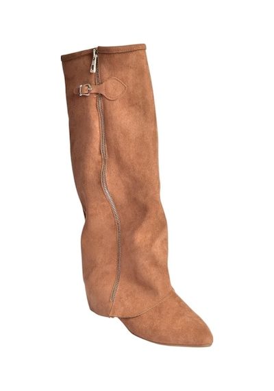 Fox Shoes V380526402 Taba Süet Düz Taban Fermuar Detaylı Kadın Çizme Taba