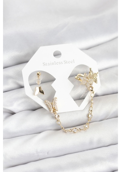 Mey İthalat Pirinç Gold Renk Kelebek Model Zincir Bağlantılı Ear Cuff Küpe Seti çok renkli