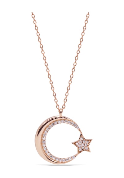Kadın Ay Yıldız Tasarım 925 Ayar Gümüş Kolye Rose Gold