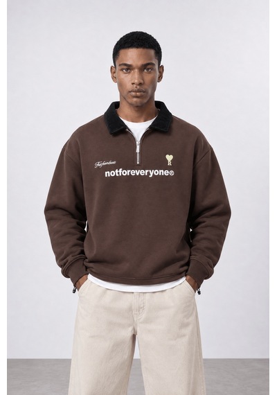 Respire Erkek Not For Everyone Nakışlı Polo Yaka Oversize Sweatshirt Kahve