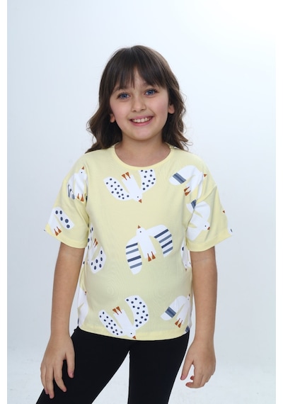 Toontoy Kids Toontoy Kız Çocuk Kuş Pano Baskılı Tişört Açık Sarı