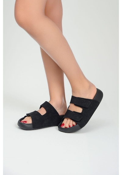 Qramed Orthopedix Çift Bantlı Cırtlı Unisex Spor Terlik Qr25101 Siyah