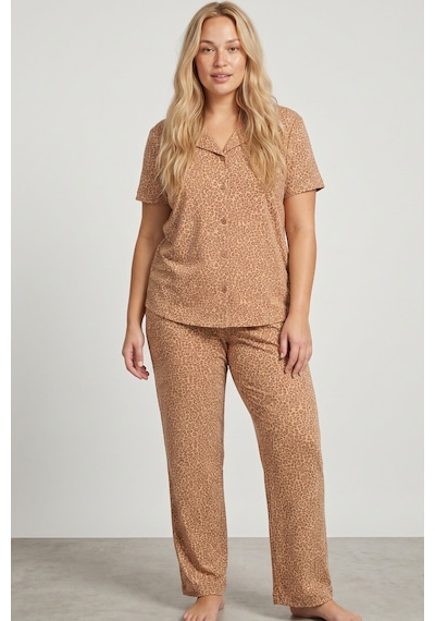 Siyah İnci Büyük Beden Battal Boy Düğmeli Örme Pijama Takım 8016 Vizon Leopar