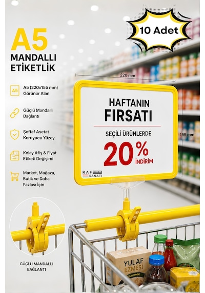 10 Adet - A5 Mandallı Etiketlik Fiyatlık Sepet Raf Askılık Fiyat Etiketi Çerçeveli Market Mağaza Sarı