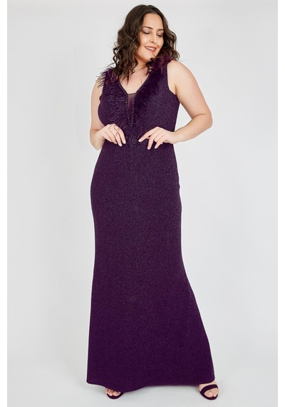 Ladies First Büyük Beden 3472 Patlıcan Moru Uzun Abiye Elbise 001