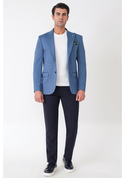 Slim Fit Sivri Yaka Çift Yırtmaçlı Esnek Yünlü İndigo Ceket C 746 Indıgo