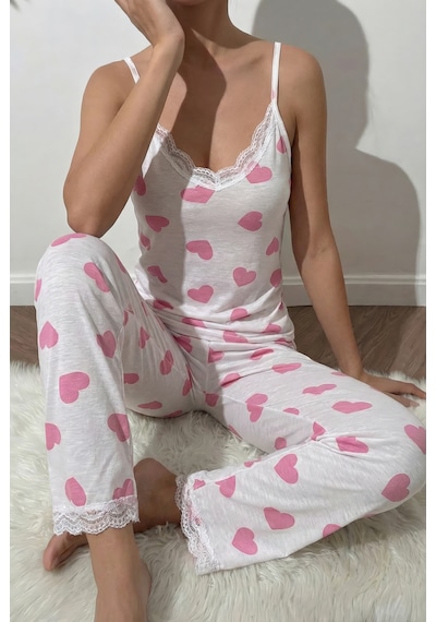 Dantel Detaylı Viscon Askılı Kadın Pijama Takımı Beyaz