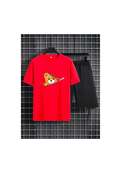 Medinenur Fermuar Ayıcık Desen Baskılı T-shirt Short Bol Paça Rahat Kalıp Siyah Alt Siyah Üst Short Takım Kırmızı