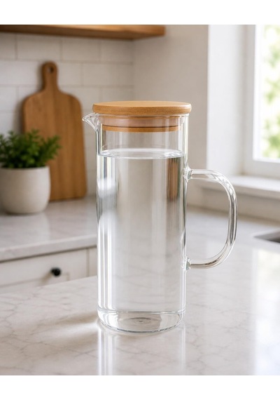 Lexroo Cam Sürahi 1,5 Litre Bambu Kapaklı, Borosilikat Cam Sürahi, Limonata Sürahisi