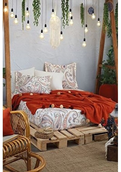 İyi Geceler İstanbul Boho Chic Çift Kişilik Püsküllü Battaniyeli Tarçın