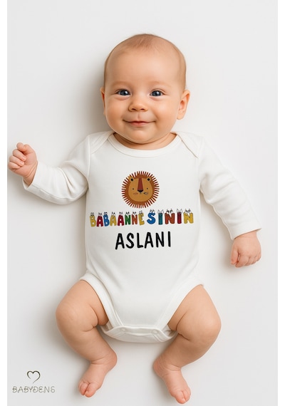 Babyden's Babannesinin Aslanı Uzun Kollu Bebek Body %100 Pamuk Unisex Zıbın Body Beyaz