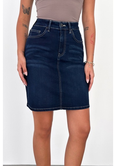 HLT Jeans Blue Black Kadın Regular Fit Yüksek Bel Orta Boy Denim Kot Etek Alice-4010 Mavi - Siyah