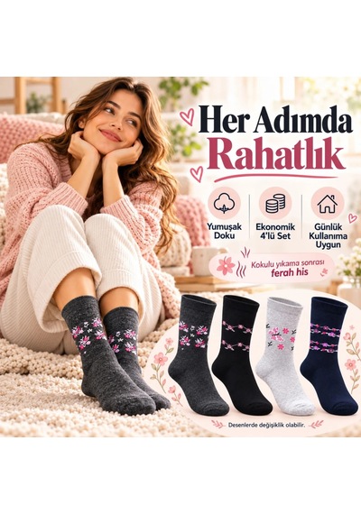 Genel Kadın Ekonomik Soket Çorap 4'lü Seti Çiçek Desenli Bayan Günlük Çora Çok Renkli / 36-40 / 4 Adet Çok  Renkli
