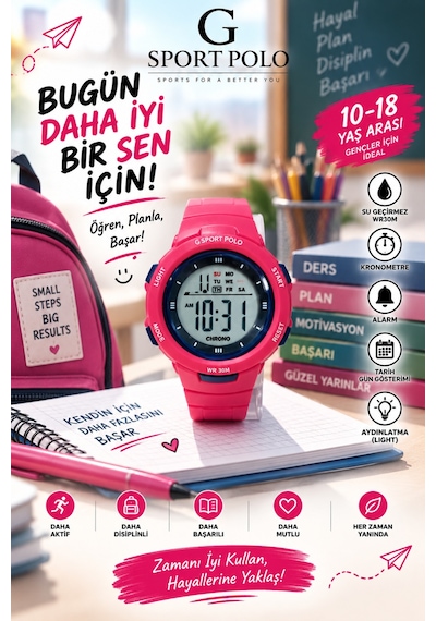 30m Suya Dayanıklı Işıklı Alarmlı Kronemetreli Takvimli Çocuk/genç Saati Pembe - 928569084 İki Renk