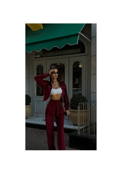 Mayrem Kadın Biyeli Oversize Kadife Eşofman Takım Bordo
