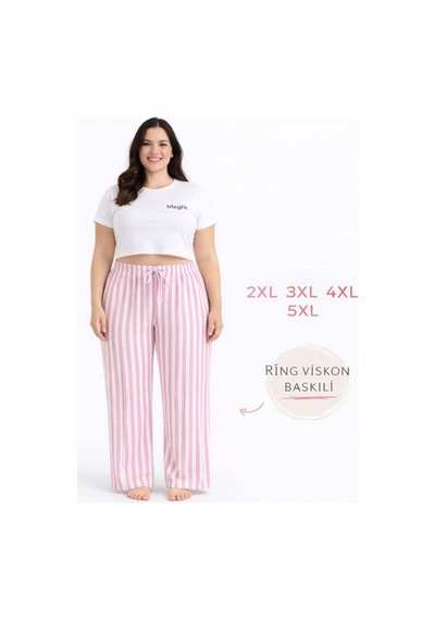Viskon Pamuklu Kadın Büyük Beden Pudra Pembe Çizgili Pijama Pantolon - Mgb004 - Mudanis