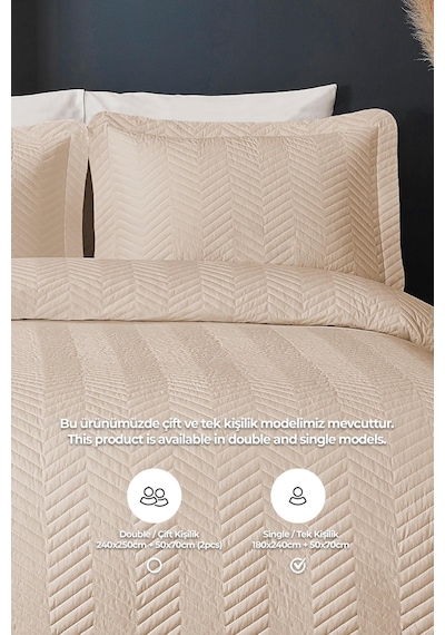Evlen Home Ross %100 Pamuk Tek Kişilik Yatak Örtüsü Pike Takımı Kapitone Çizgili Günlük Yıkanabilir Bej Bej