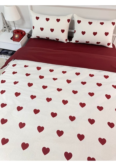Üntaş Çift Taraflı Nevresim + 2 Adet Yastık Kılıfı Çift Kişilik Nevresim Takımı Kalp Desenli Beyaz - Bordo 200 x 230 Beyaz - Bordo