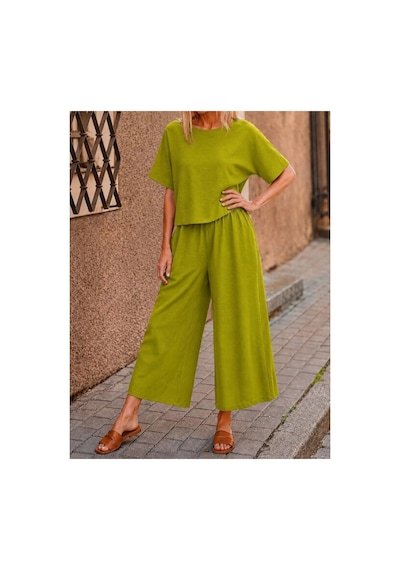Butik İstanbul Kadın Kısa Kollu Kayık Yakalı Bluz Ve Pantolon Ikili Takım Yeşil